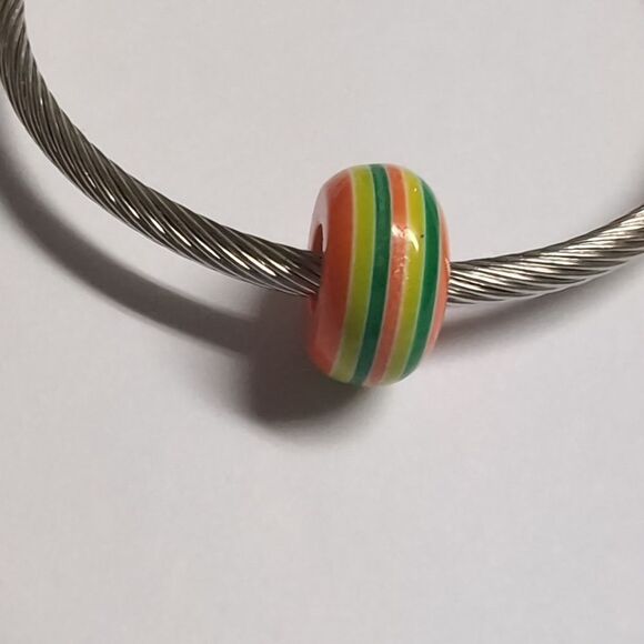 Orange Green Yellow Striped Charm for Pandora Style Bracelet - Picture 3 of 5
